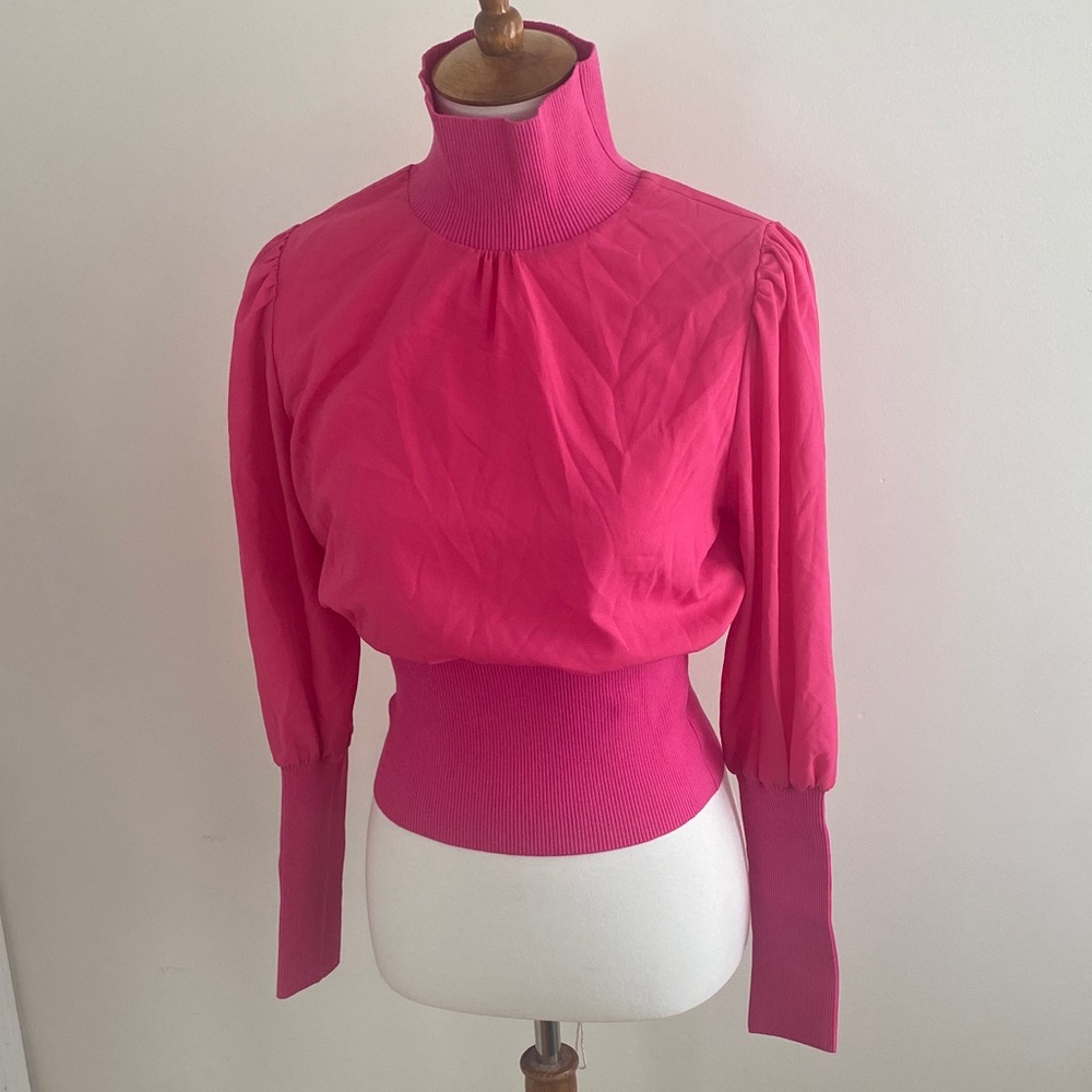 French Connection Hot Pink High Neck Puff Sleeve Sweater
